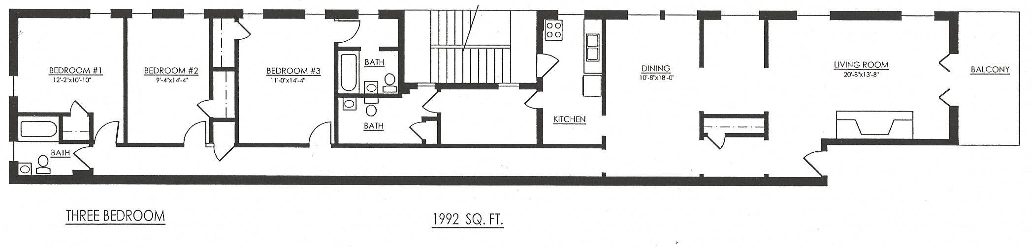 Floor plan for 3 beds, 2.5 baths, 1992 sqft